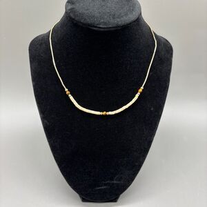 Vintage Native Tigers Eye Shell Heishi Liquid Gold Tube Bead Choker Necklace 15"